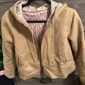 Tan Hooded wool Jacket with Patterned Lining size S
